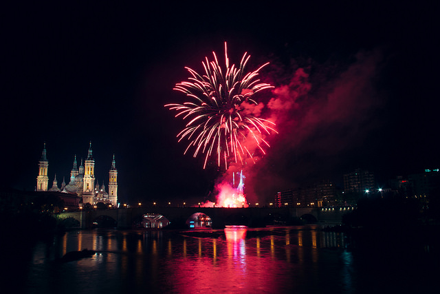 Fireworks at the End of El Pilar Fiestas in Zaragoza